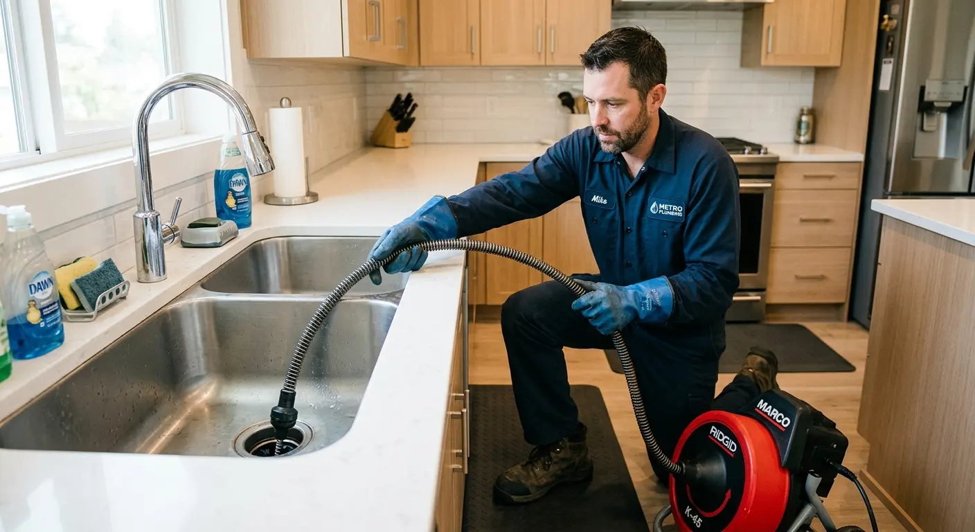 Drain cleaning technician using a motorized snake on a kitchen sink in Ashburn