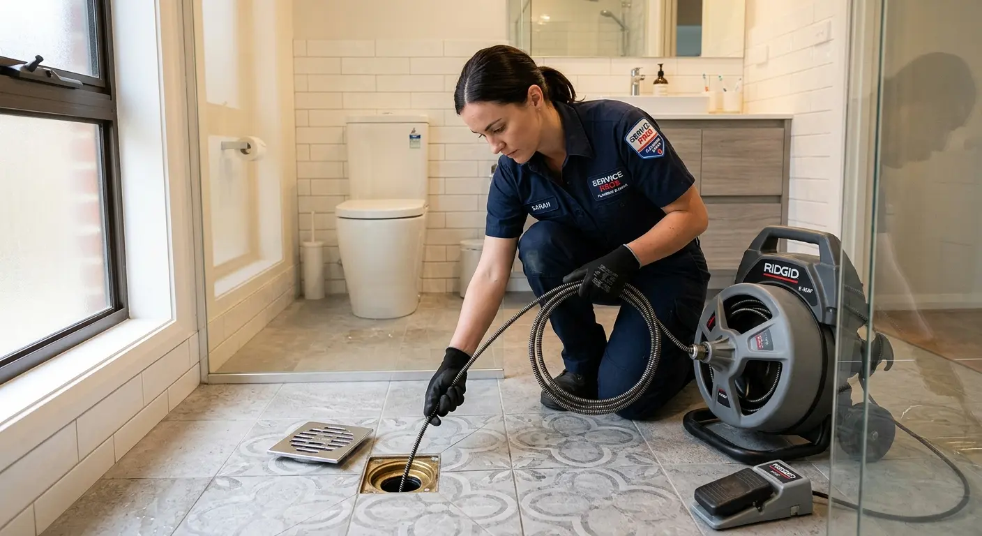 Technician clearing a bathroom floor drain for Drain Cleaning in Ashburn